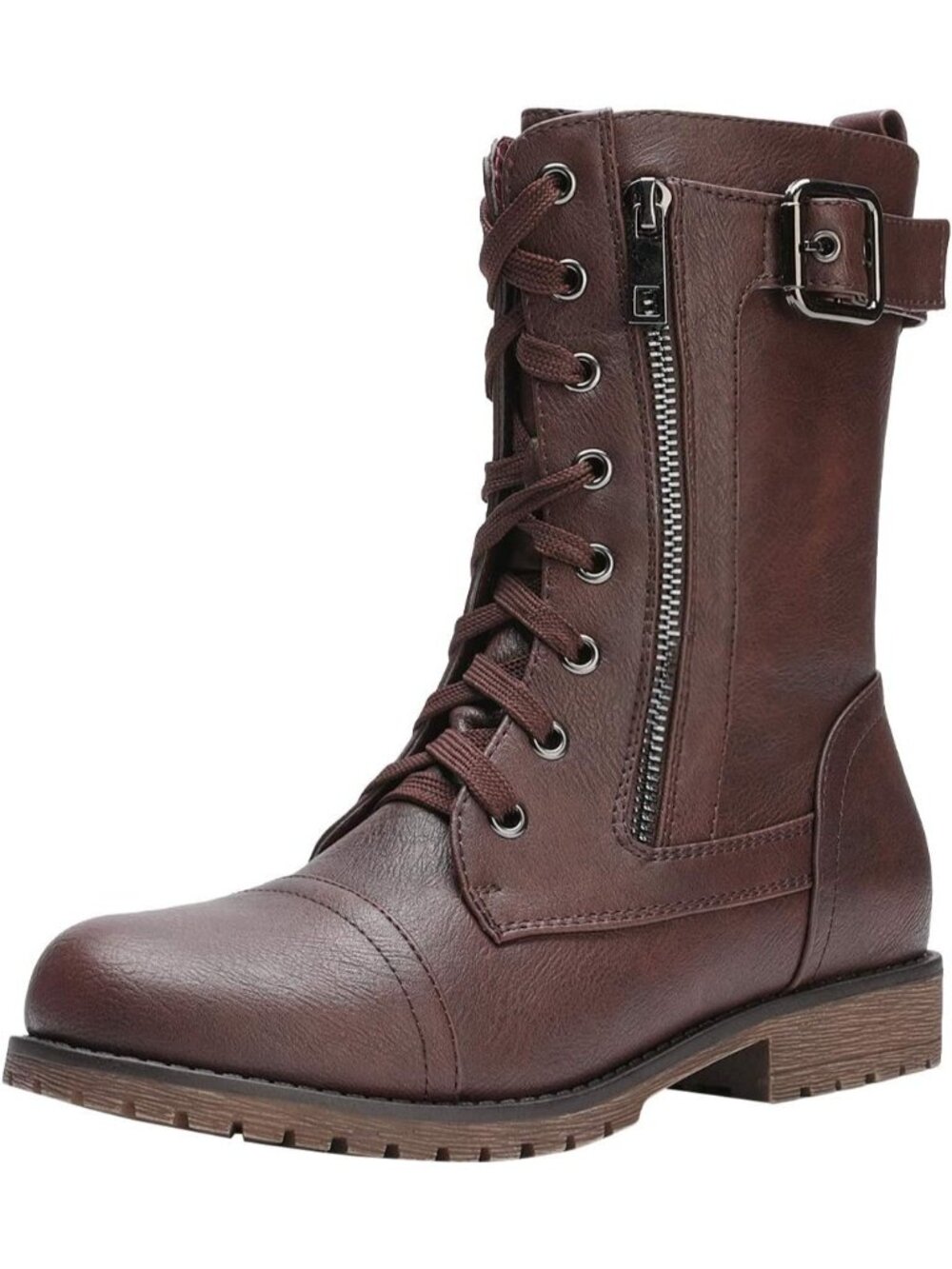 Women Burgundy Mid-Calf With Built-in Wallet Pocket and Side Zipper Combat Boot